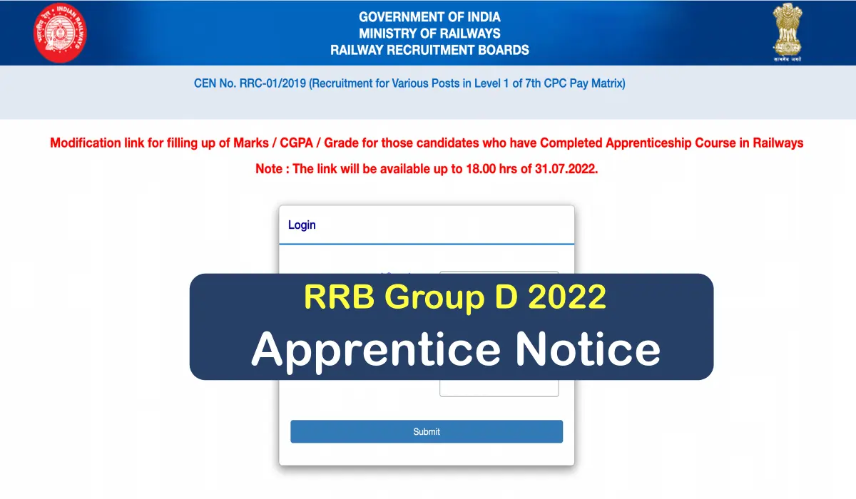 RRB Group D 2022 Apprentice Notice